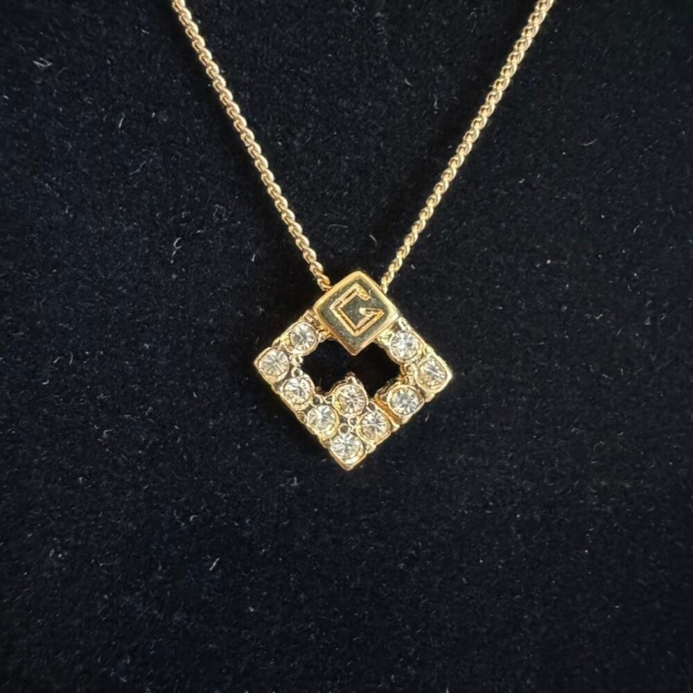 Vintage Givenchy Gold Tone Crystal Logo Pendant Necklace - Picture 2 of 6